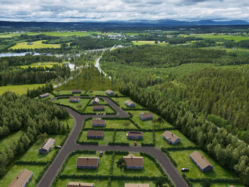 Bild över bostadsområde i Myre med utsikt över fjäll