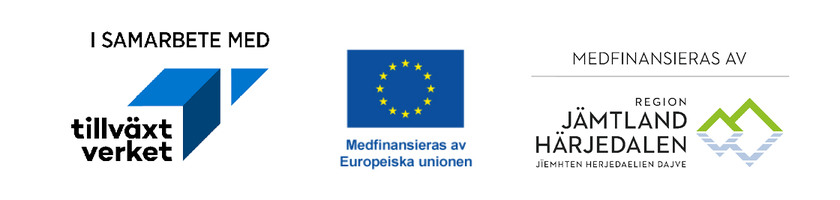 Tillväxtverkets, EU och Region Jämtland Härjedalens logotyper bredvid varandra på vit bakgrund.